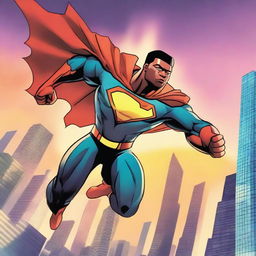 A dynamic superhero in action, flying through the city with a determined expression