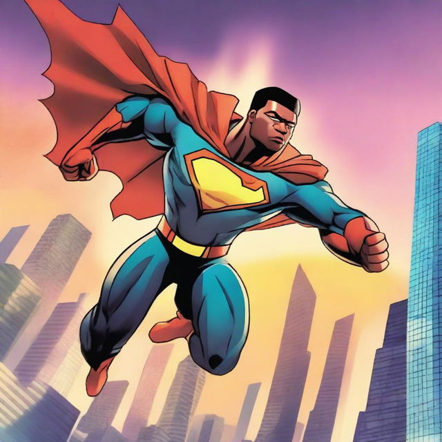 A dynamic superhero in action, flying through the city with a determined expression