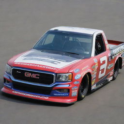 A GMC vehicle modified in the NASCAR style, boasting of vivid colors, race ready modifications, and bedecked with various sponsorship logos.