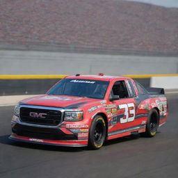 A GMC vehicle modified in the NASCAR style, boasting of vivid colors, race ready modifications, and bedecked with various sponsorship logos.