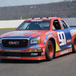 A GMC vehicle modified in the NASCAR style, boasting of vivid colors, race ready modifications, and bedecked with various sponsorship logos.