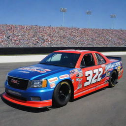 A GMC vehicle modified in the NASCAR style, boasting of vivid colors, race ready modifications, and bedecked with various sponsorship logos.