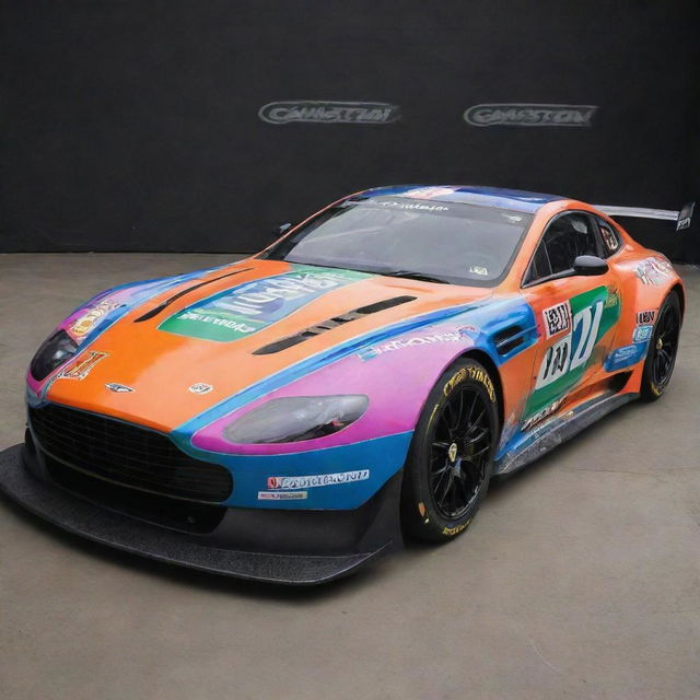 An Aston Martin car reshaped into a NASCAR version, adorned with radiant colors, race-specific modifications, and embellished with a gamut of sponsor logos.