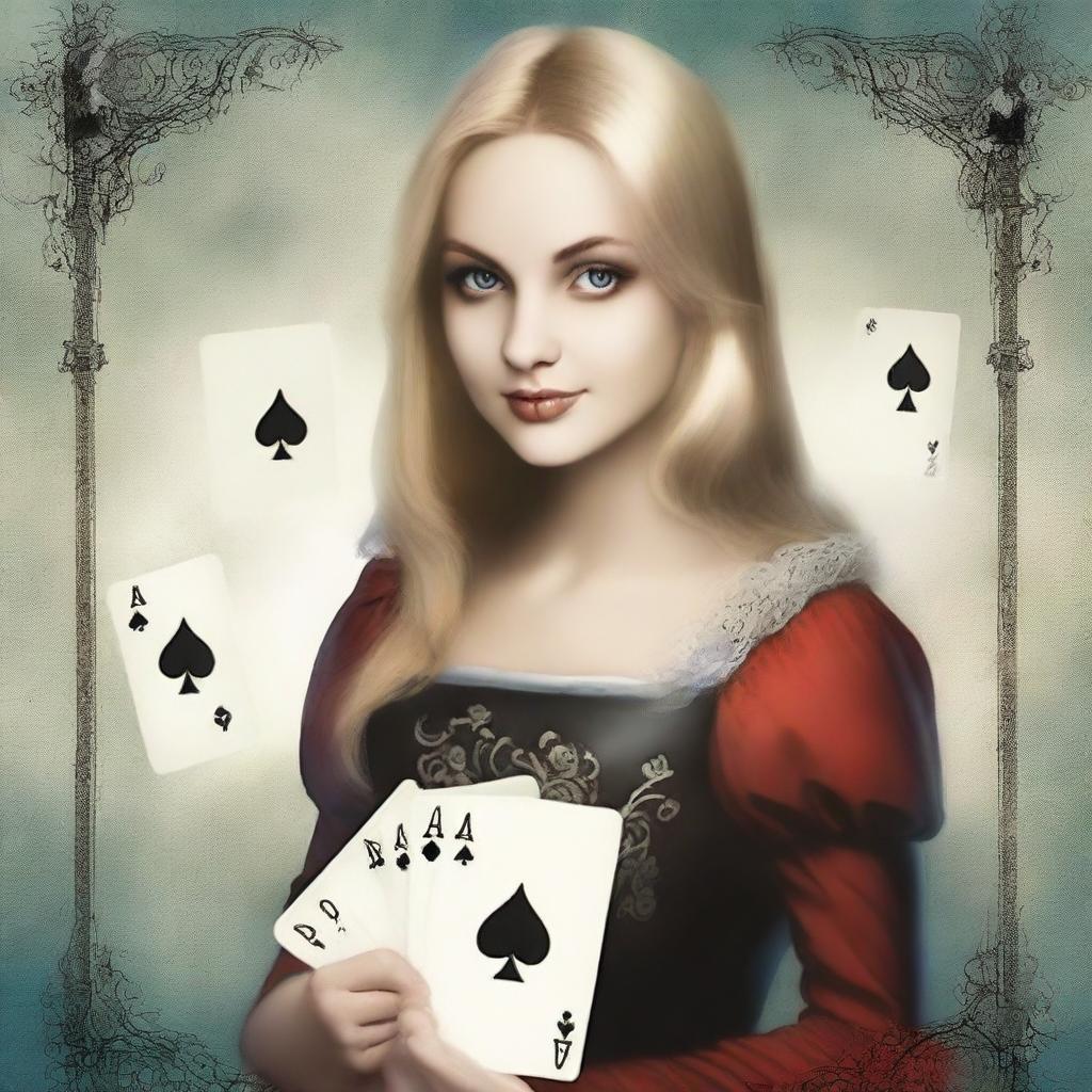 Create a young adult fantasy romance book cover titled 'Ace of Spades' with an Alice in Wonderland theme