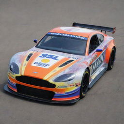 An Aston Martin car reshaped into a NASCAR version, adorned with radiant colors, race-specific modifications, and embellished with a gamut of sponsor logos.