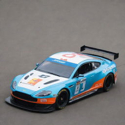 An Aston Martin car reshaped into a NASCAR version, adorned with radiant colors, race-specific modifications, and embellished with a gamut of sponsor logos.