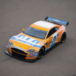 An Aston Martin car reshaped into a NASCAR version, adorned with radiant colors, race-specific modifications, and embellished with a gamut of sponsor logos.