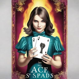 Create a young adult fantasy romance book cover titled 'Ace of Spades' with an Alice in Wonderland theme