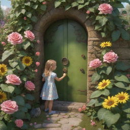 A young girl playing in her garden, discovers a magical door hidden amongst roses and sunflowers. Upon opening it, she finds herself in an enchanted forest filled with friendly creatures. Render this scene in a cute style.