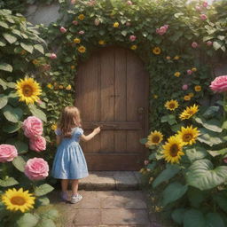 A young girl playing in her garden, discovers a magical door hidden amongst roses and sunflowers. Upon opening it, she finds herself in an enchanted forest filled with friendly creatures. Render this scene in a cute style.