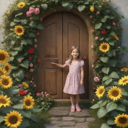 A young girl playing in her garden, discovers a magical door hidden amongst roses and sunflowers. Upon opening it, she finds herself in an enchanted forest filled with friendly creatures. Render this scene in a cute style.