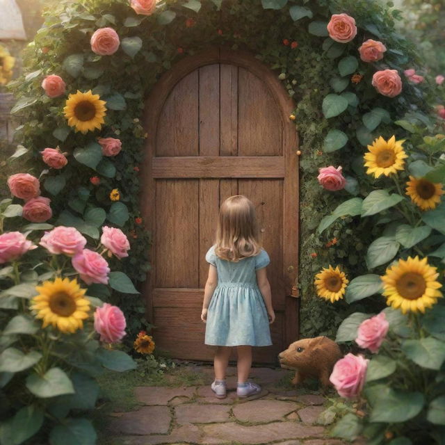 A young girl playing in her garden, discovers a magical door hidden amongst roses and sunflowers. Upon opening it, she finds herself in an enchanted forest filled with friendly creatures. Render this scene in a cute style.