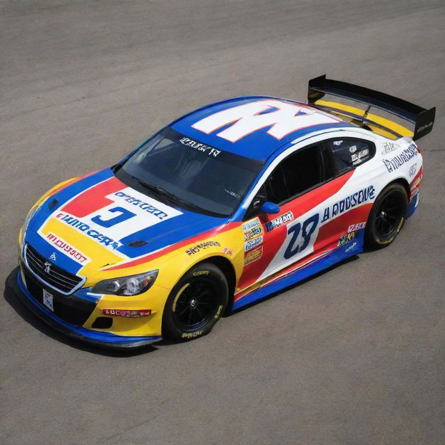 A Peugeot car reimagined into a NASCAR theme, featuring bright colors, racing alterations, and decorated with a variety of sponsor logos.