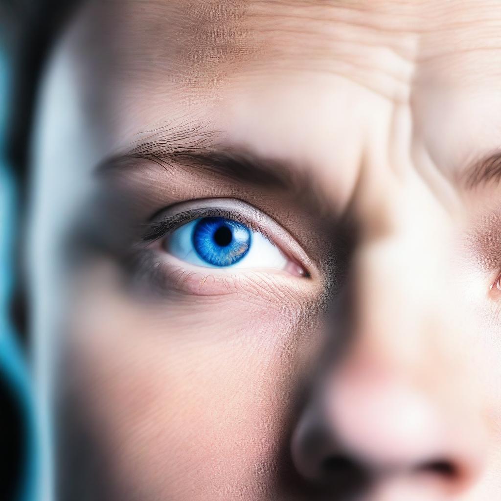 A close-up image of a person with striking blue eyes