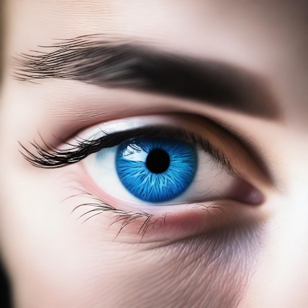 A close-up image of a person with striking blue eyes