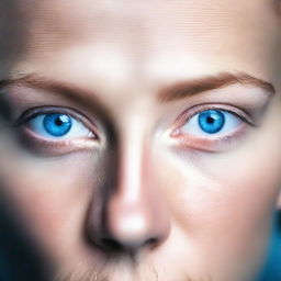 A close-up image of a person with striking blue eyes