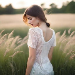 A woman walking through tall grass, originally wearing a t-shirt, now replaced with an elegant bra