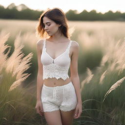 A woman walking through tall grass, originally wearing a t-shirt, now replaced with an elegant bra