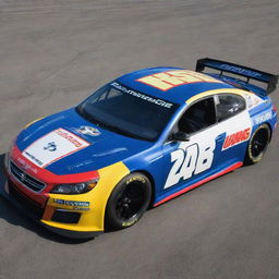 A Peugeot car reimagined into a NASCAR theme, featuring bright colors, racing alterations, and decorated with a variety of sponsor logos.