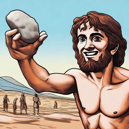 An open hand of David holding 5 stones, with the face of Goliath smiling in the background