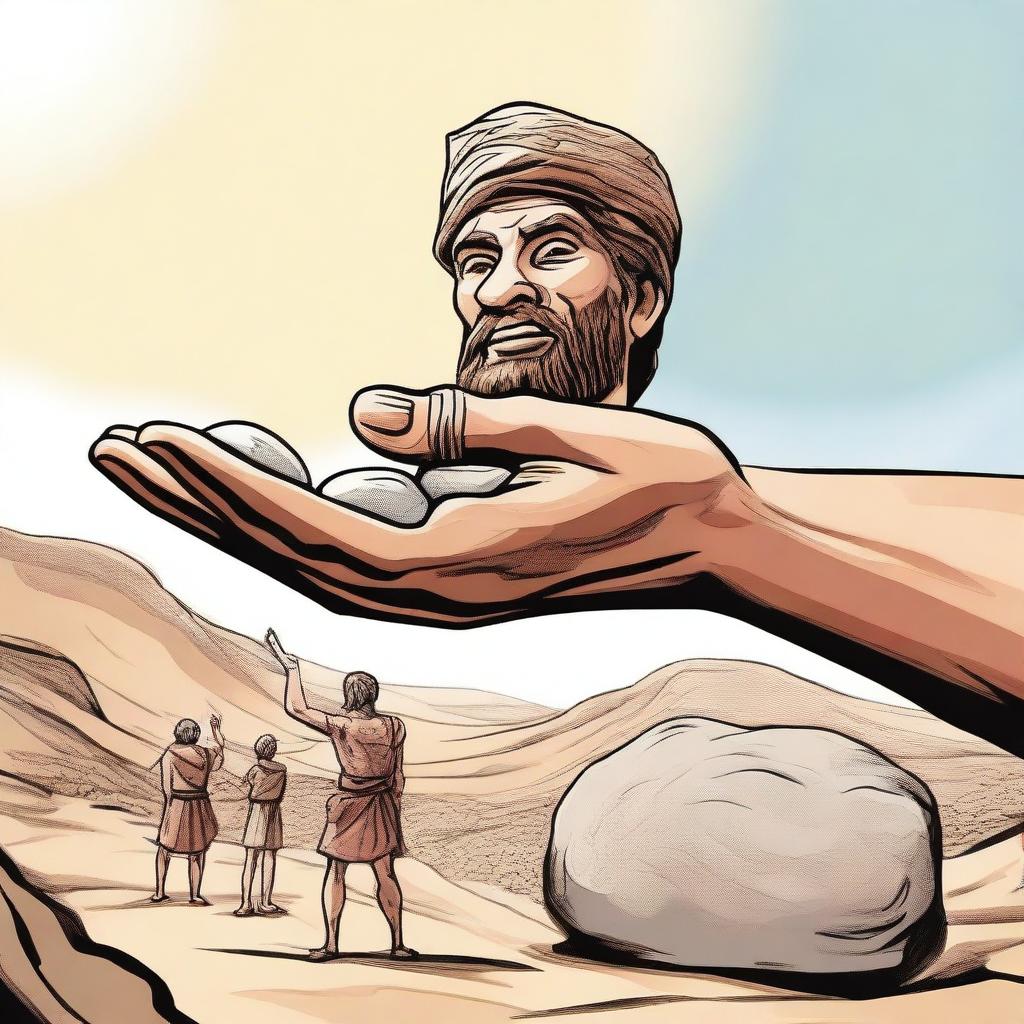 An open hand of David holding 5 stones, with the face of Goliath smiling in the background