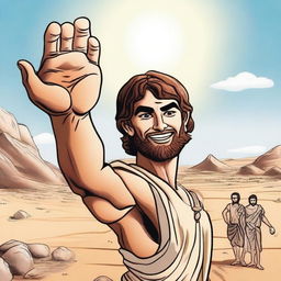 An open hand of David holding 5 stones, with the face of Goliath smiling in the background