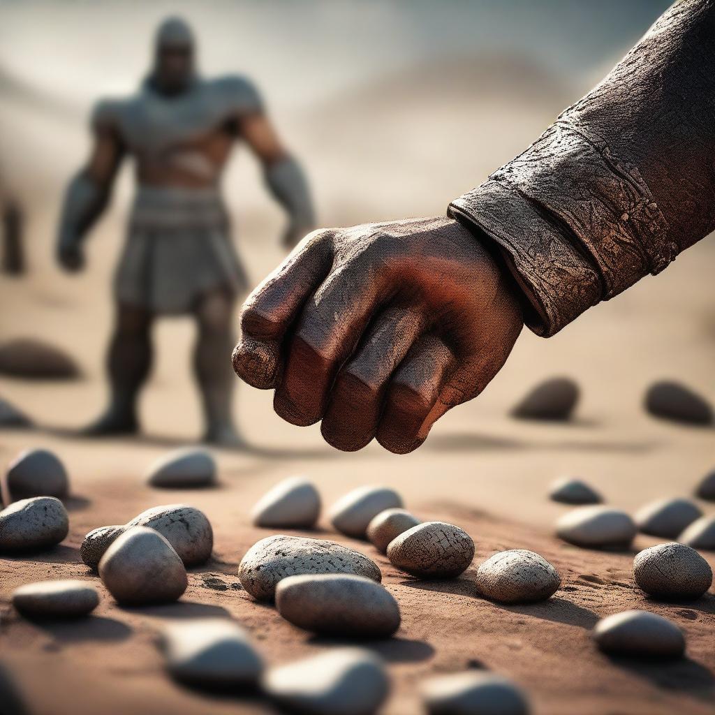 A close-up of David's hand holding 5 small stones, with Goliath in the background on a battlefield