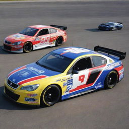 A Peugeot car reimagined into a NASCAR theme, featuring bright colors, racing alterations, and decorated with a variety of sponsor logos.