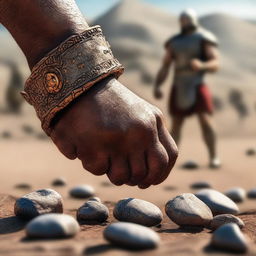 A close-up of David's hand holding 5 small stones, with Goliath in the background on a battlefield