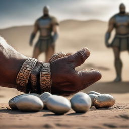 A close-up of David's hand holding 5 small stones, with Goliath in the background on a battlefield