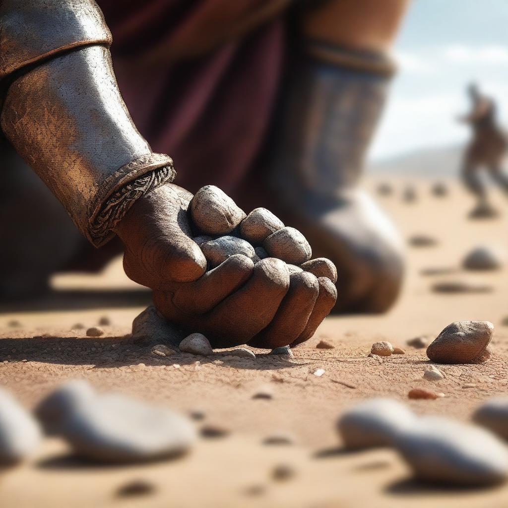 A close-up of David's hand holding 5 small stones, with Goliath in the background on a battlefield