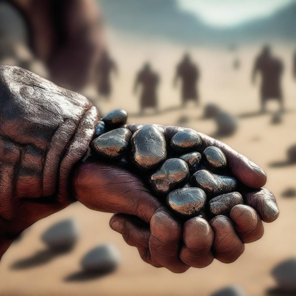 A close-up of David's hand holding 5 small stones, with Goliath in the background on a battlefield