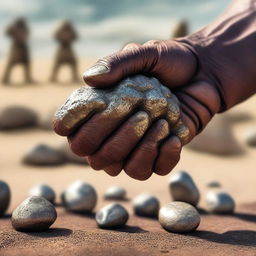 A close-up of David's hand holding 5 small stones, with Goliath in the background on a battlefield