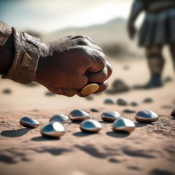 A close-up of David's hand holding 5 small stones, with Goliath in the background on a battlefield