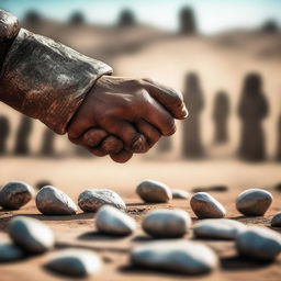 A close-up of David's hand holding 5 small stones, with Goliath in the background on a battlefield