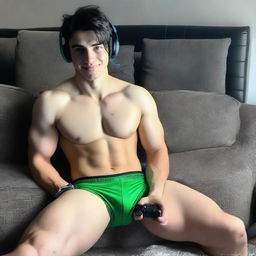 A man with a defined, sporty, ripped appearance, straight features, white skin, and vibrant green eyes is sitting on the carpet, leaning against the sofa in a bedroom