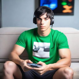 A man with a defined, sporty, ripped appearance, straight features, white skin, and vibrant green eyes is sitting on the carpet, leaning against the sofa in a bedroom