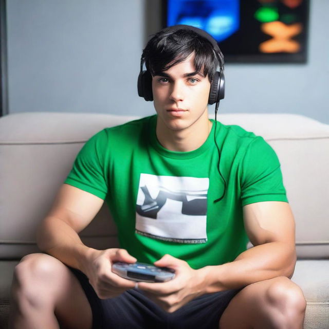 A man with a defined, sporty, ripped appearance, straight features, white skin, and vibrant green eyes is sitting on the carpet, leaning against the sofa in a bedroom