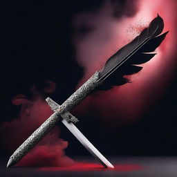 A dramatic scene featuring a black background with a sword, a crown, feathers, smoke, and blood