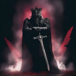 A dramatic scene featuring a black background with a sword, a crown, feathers, smoke, and blood