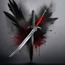 A dramatic scene featuring a black background with a sword, a crown, feathers, smoke, and blood