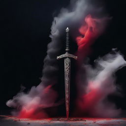 A dramatic scene featuring a black background with a sword, a crown, feathers, smoke, and blood