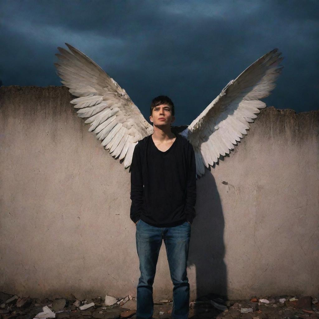 A young man, with broken wings standing against a tall wall under the dimly-lit sky, portraying a picture of resilience and defiance.