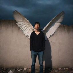 A young man, with broken wings standing against a tall wall under the dimly-lit sky, portraying a picture of resilience and defiance.