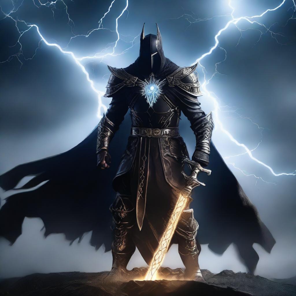 A dark and mysterious warlock dark knight standing tall with a menacing aura, clad in dark armor with glowing runes