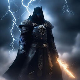 A dark and mysterious warlock dark knight standing tall with a menacing aura, clad in dark armor with glowing runes