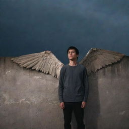 A young man, with broken wings standing against a tall wall under the dimly-lit sky, portraying a picture of resilience and defiance.