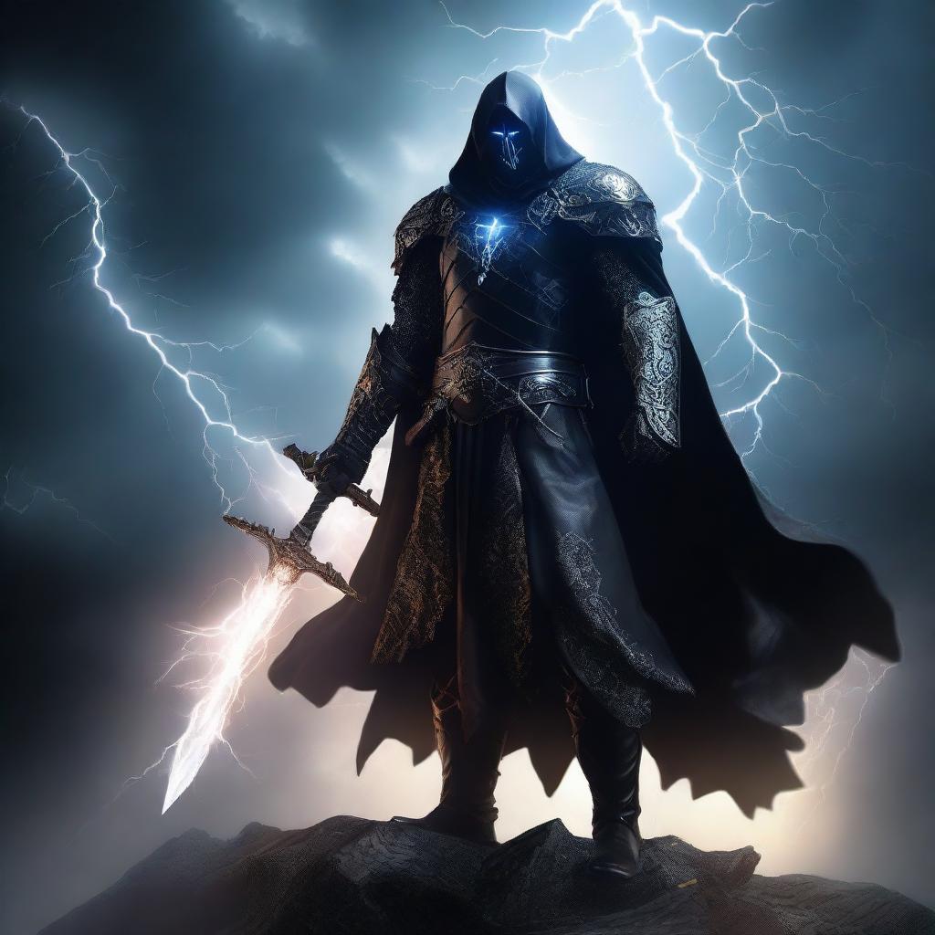 A dark and mysterious warlock dark knight standing tall with a menacing aura, clad in dark armor with glowing runes