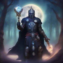 A warlock celestial necromancer knight, dressed in dark, mystical armor adorned with celestial symbols and glowing runes