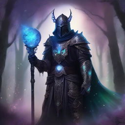 A warlock celestial necromancer knight, dressed in dark, mystical armor adorned with celestial symbols and glowing runes